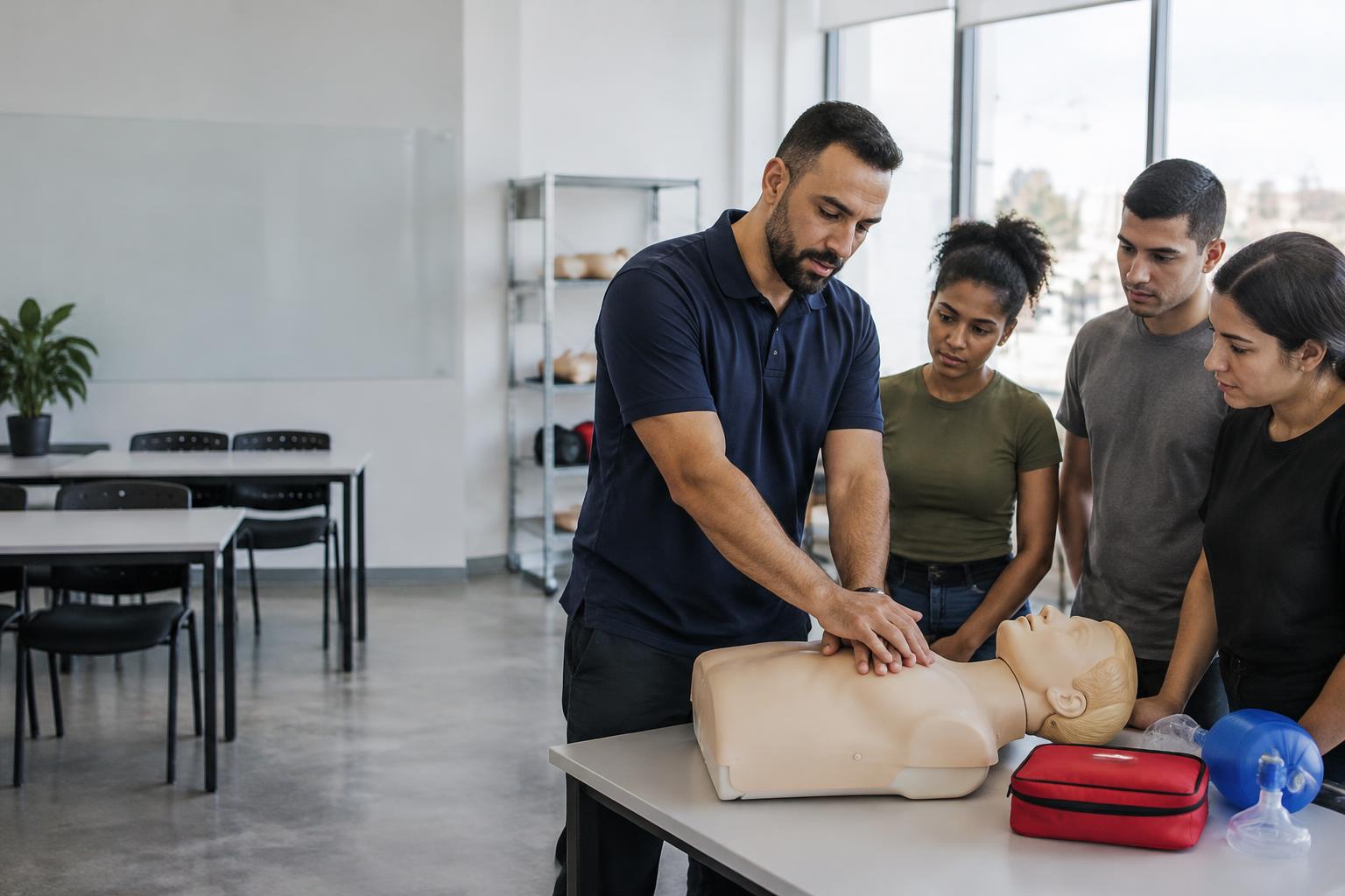 Instrutor orientando alunos durante uma prática de primeiros socorros